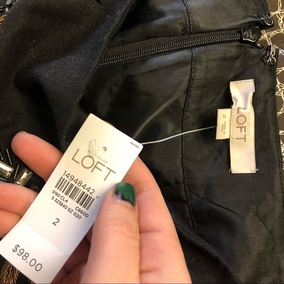 Loft Wool Blend Skirt Attached Beaded Design NWT 2 Black Gold Floral Leaf - Picture 6 of 7